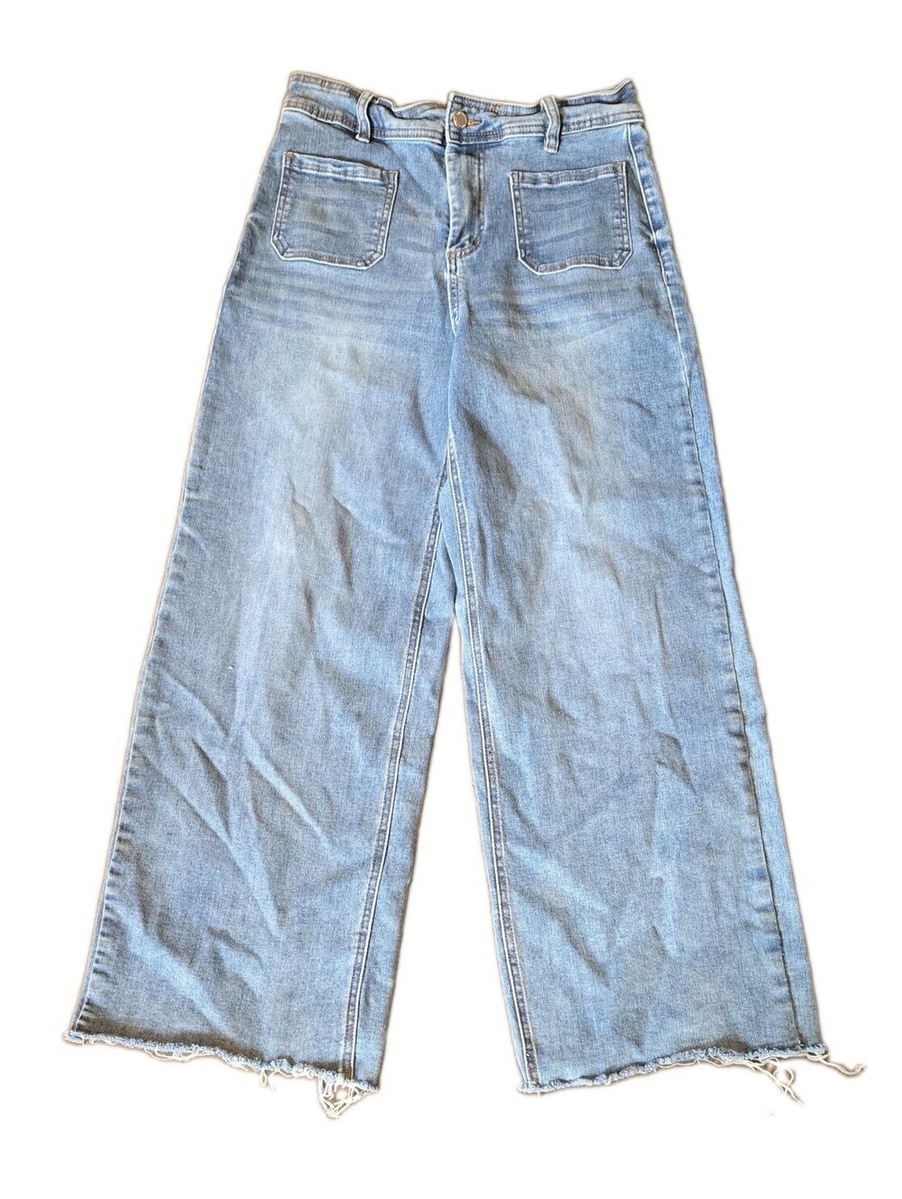 Oat New York Light Wash Wide Leg high rise utility Jeans Sz 10 Blue raw Hem boho